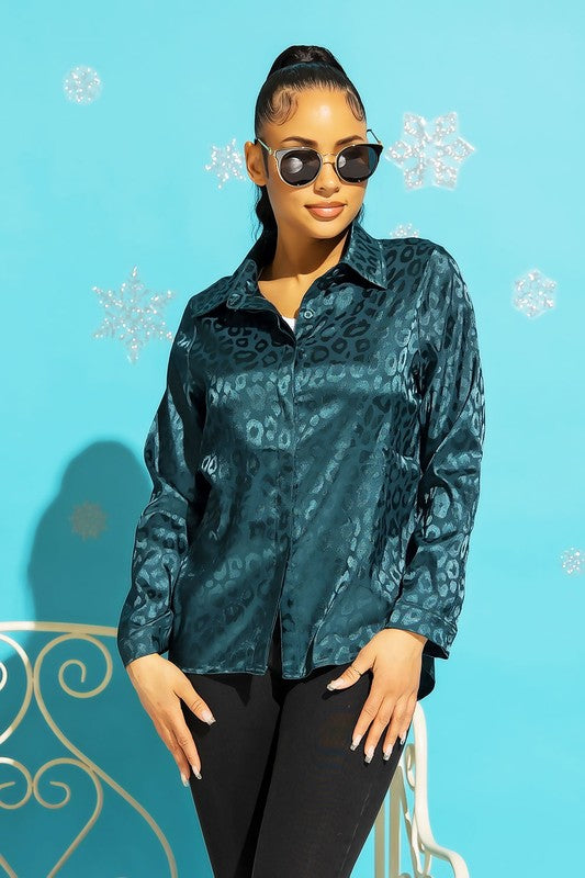 Satin Leopard Print Collared Button Down Top