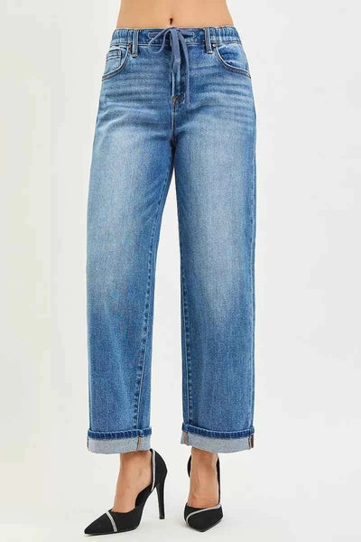 RISEN Slouchy Boyfriend Jeans - Elastic Waist Cuffed Ankle