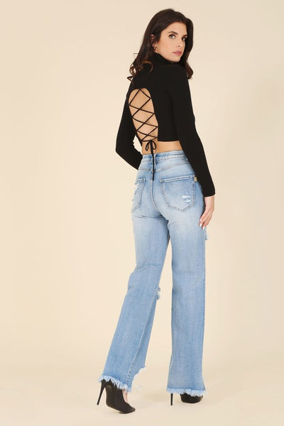 Mock Neck Long Sleeve Lace-Up Open Back Top - Fashions Envy
