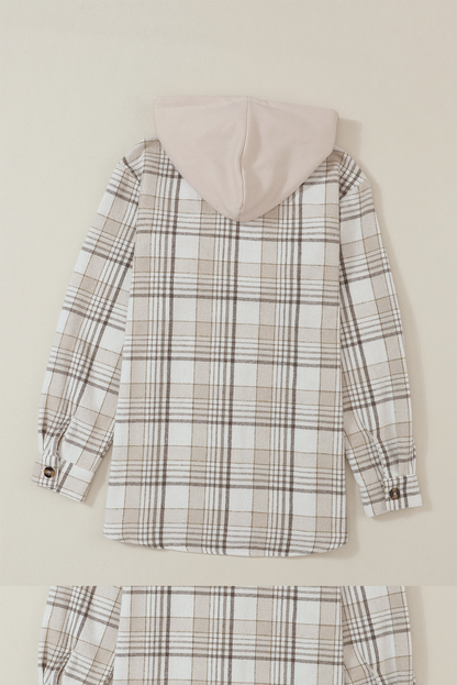 Khaki Plaid Removable Hood Buttoned Shacket