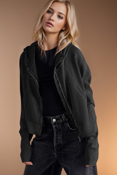 Double Take Waffle-Knit Zip Up Long Sleeve Hooded Jacket - Fashions Envy