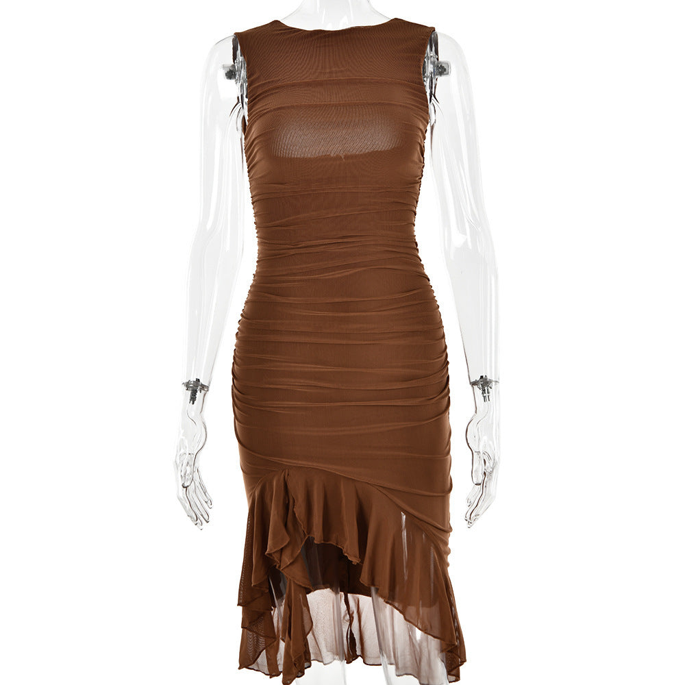 High-Neck Ruffle Hem solid Color Midi Dress