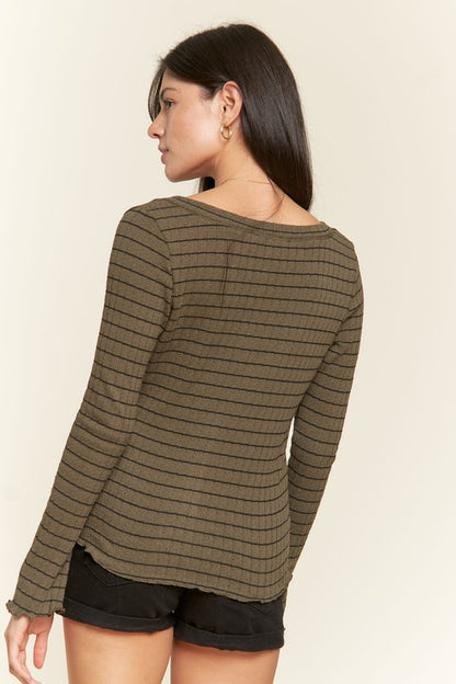 Ribbed Henley Neck Long Sleeve Basic Top