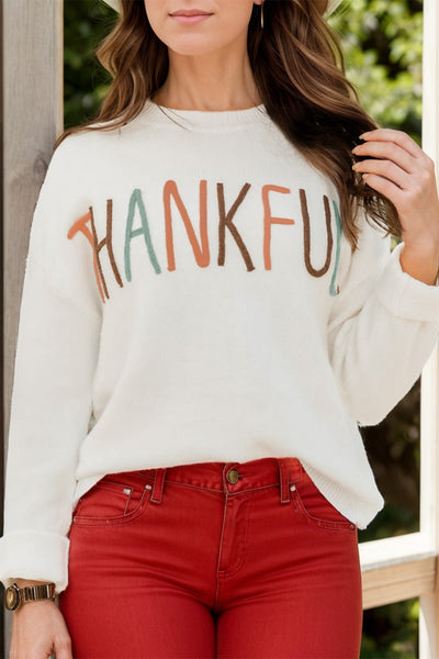 THANKFUL Round Neck Long Sleeve Knit Top - Fashions Envy
