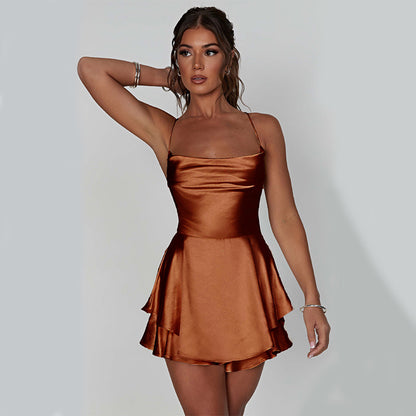 Suspender Mini Dress - Satin Backless A-Line Dress