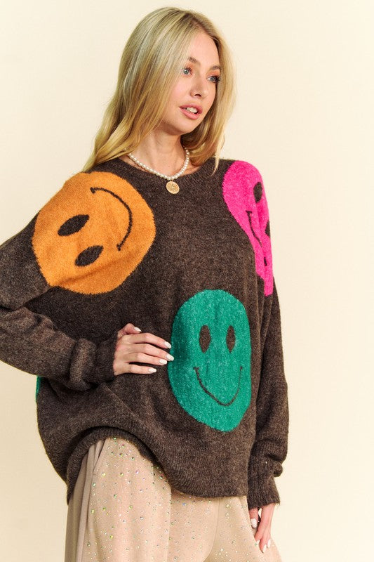 Dark Brown Contrast Smile Round Neck Oversize Sweater