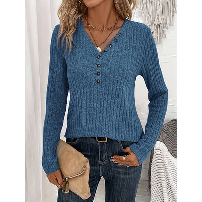 Ribbed V-Neck Tunic - Slim Fit Button-Down Top