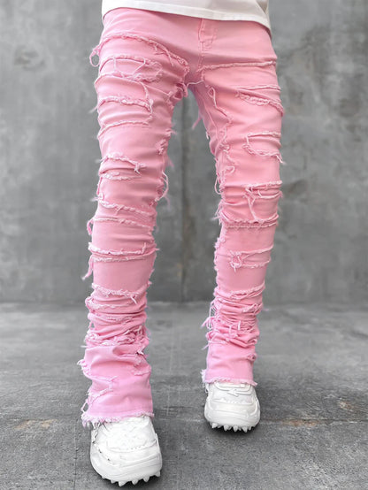 Men's Individual Patched Pants Long Tight Fit Stacked Jeans