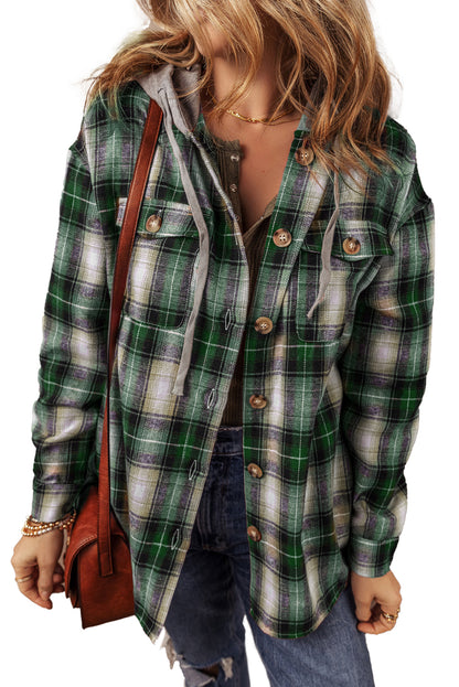 Red Plaid Print Chest Pocket Buttoned Hooded Shacket