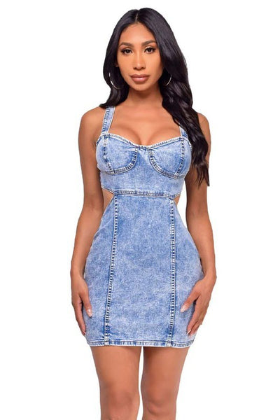 Sleeveless Halter Denim Mini Dress with Side Cut Outs