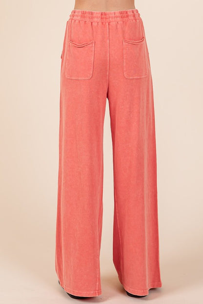 Orange-Red Mineral Wash French Terry Drawstring Wide Leg Pants