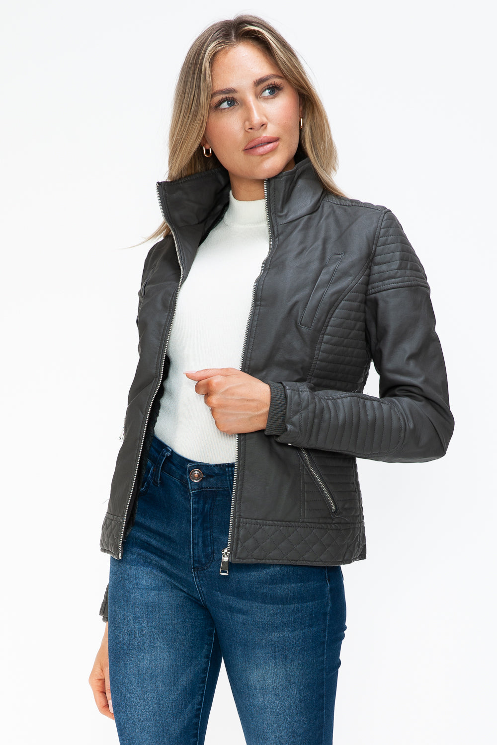 Charcoal Faux Layered Double-Zipper Jacket with Fuzzy Hood