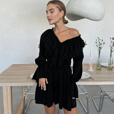 V-Neck Pleated Ruffle Long Sleeve Y2K Mini Dress