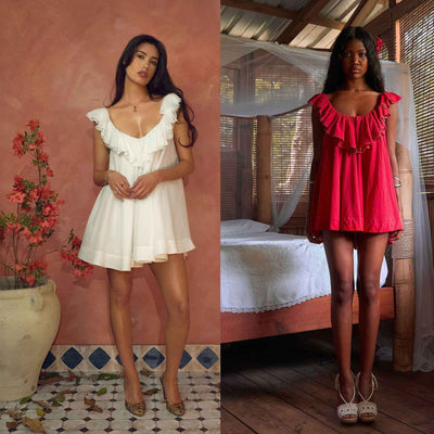 Loose Fitting V-Neck Mini Dress - Ruffled Waist-tie