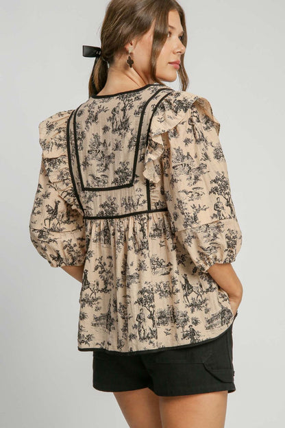 Taupe Ruffled Tie Neck Puff Sleeve Babydoll Blouse