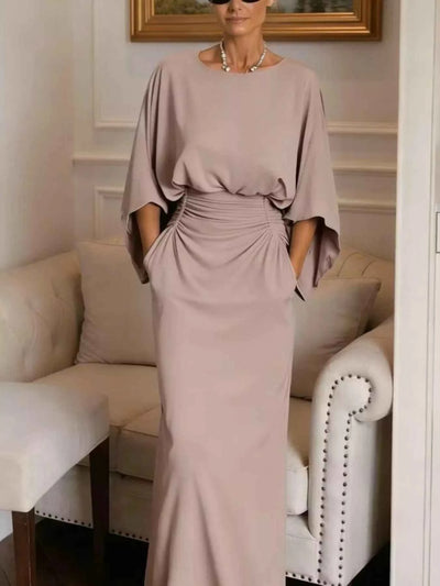 Batwing Sleeve Ruched Maxi Dress - Elegant Gown