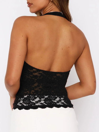 Lace Semi-sheer Backless Halter Neck Cami