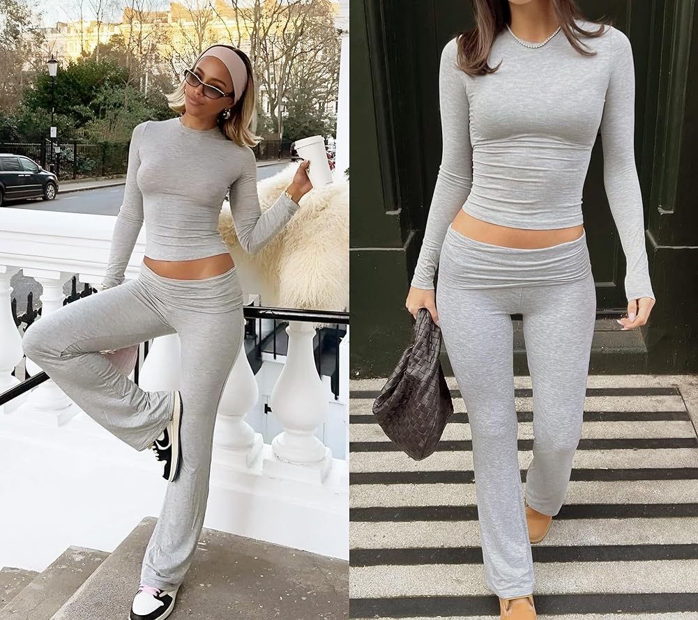 Sports Two Piece Set - High Waisted Flared Pants Streetwear