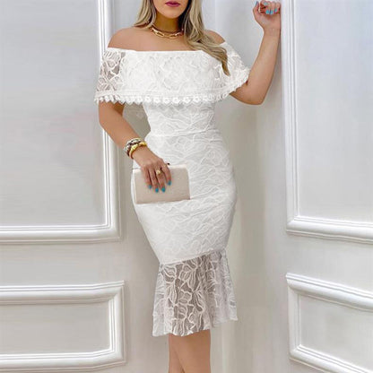 Elegant Floral Lace Off The Shoulder Scallop Trim Party Dress