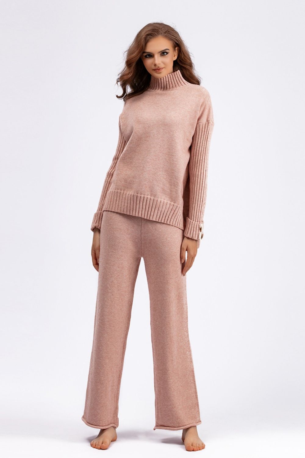 Basic Bae High- Low Turtleneck Long Sleeve Top and Pants Sweater Set