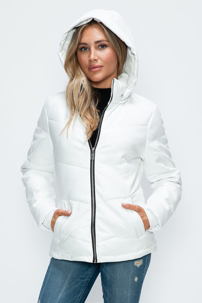 White Pocketed Zip Up Puffer Jacket with Removable Hood