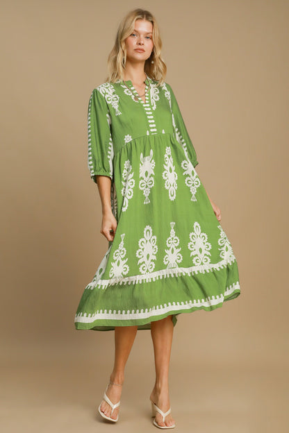 Lime Green Printed Notched Midi Dress