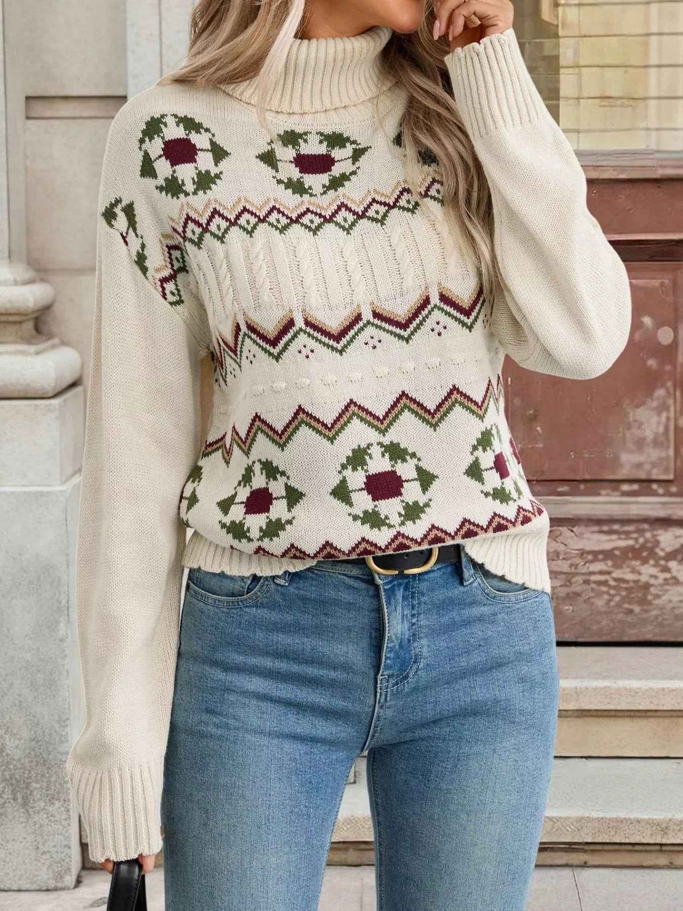 Cable Knit Turtleneck Sweater - Fair Isle Holiday Style - Fashions Envy