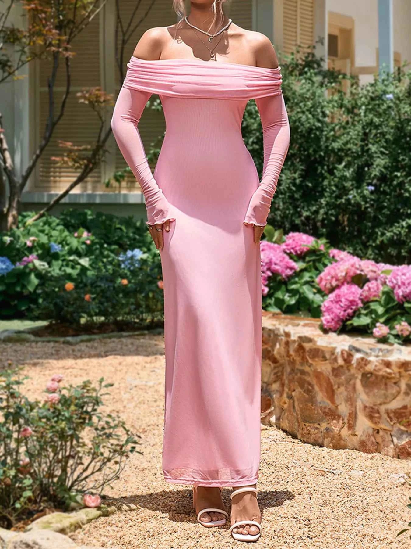 Off-Shoulder Ruched Long Sleeve Maxi Dress