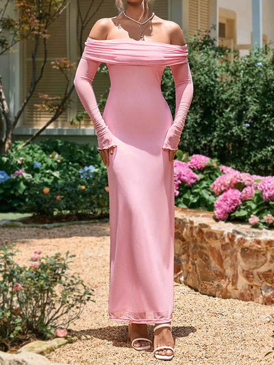Off-Shoulder Ruched Long Sleeve Maxi Dress