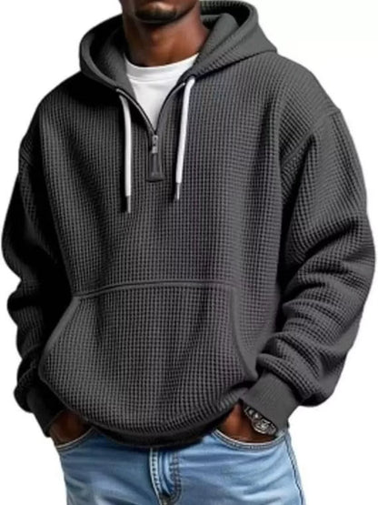 Waffle Knit Half-Zip Hoodie Men - Textured Cotton Blend - Fashions Envy