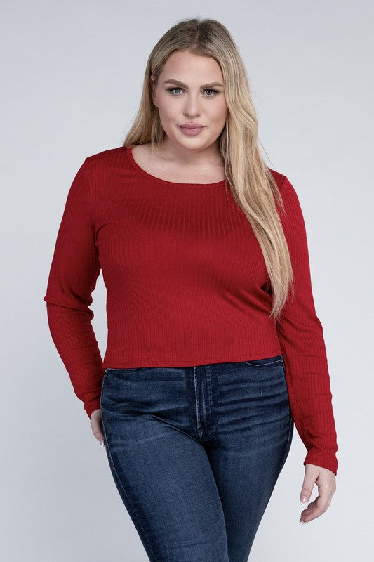 Plus Classic Ribbed Round Neck Long Sleeve Top