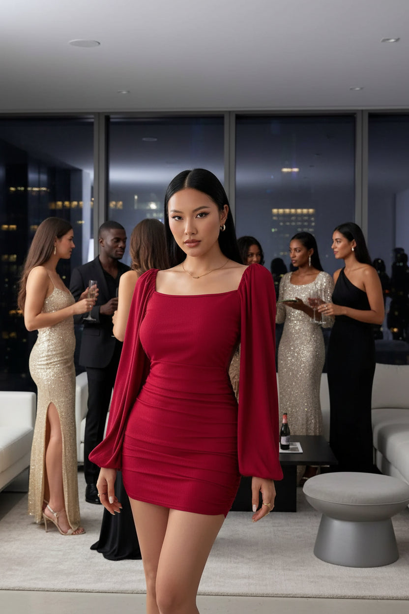 Backless Square Neck Long Sleeve Dress