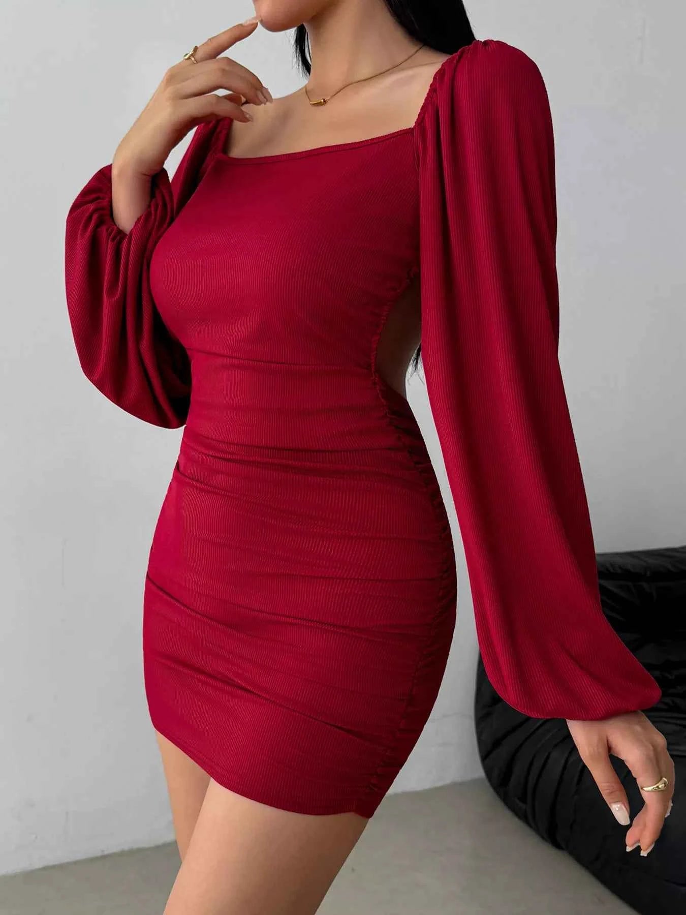 Backless Bodycon Dress - Square Neck Ruched Mini
