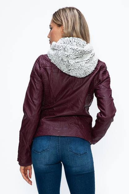 Wine Faux Layered Double-Zipper Jacket with Fuzzy Hood