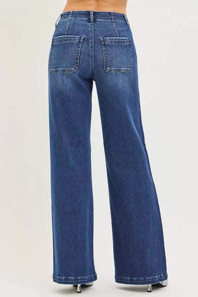 RISEN Wide Leg Jeans - Women's High Rise Slanted Pocket - Fashions Envy