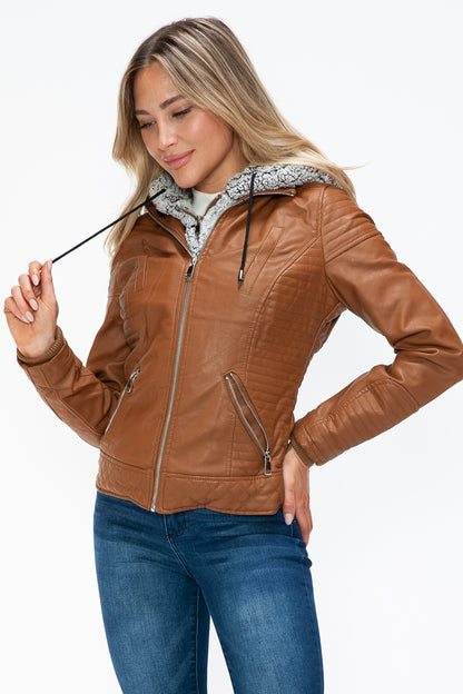 Camel Faux Layered Double-Zipper Jacket with Fuzzy Hood