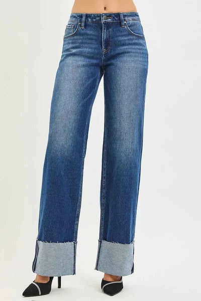 RISEN Wide Straight Jeans - Mid Rise Wide Cuff Detail