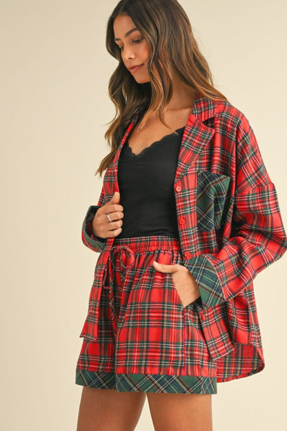 Red Contrast Plaid Long Sleeve Top and Shorts Set