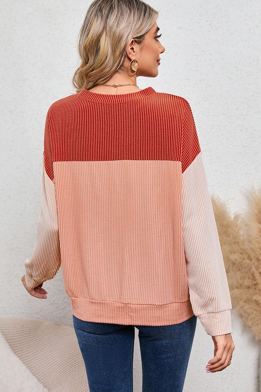 Ribbed Color Block Long Sleeve Corduroy Tunic Top