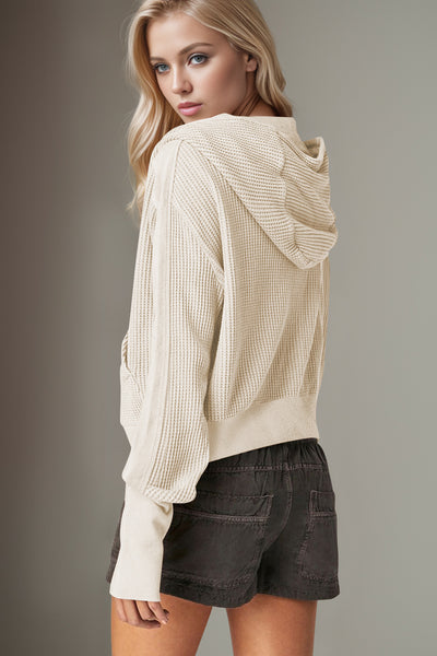Double Take Waffle-Knit Zip Up Long Sleeve Hooded Jacket - Fashions Envy