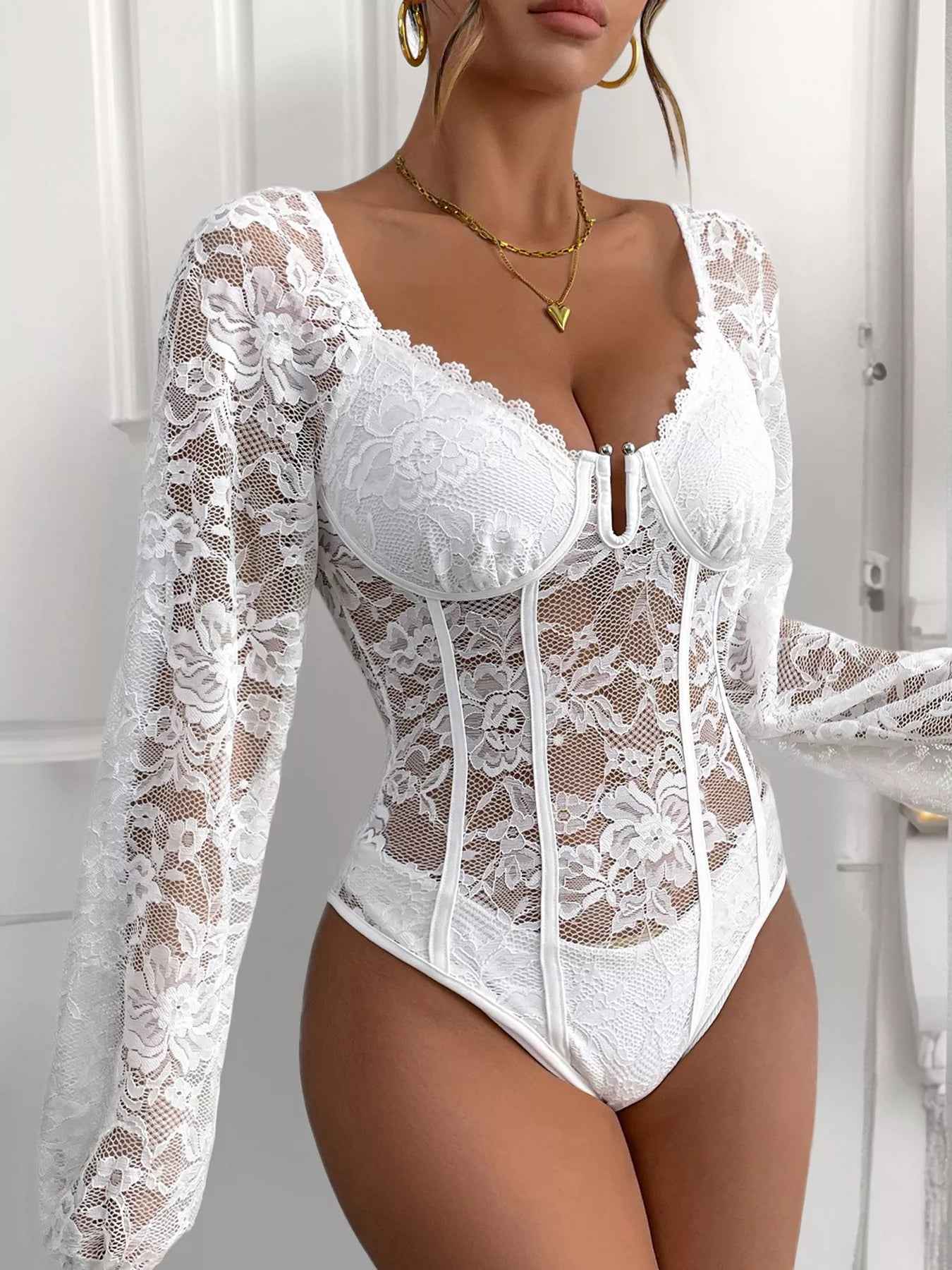 Lace V-Neck Long Sleeve Bodysuit - Fashions Envy