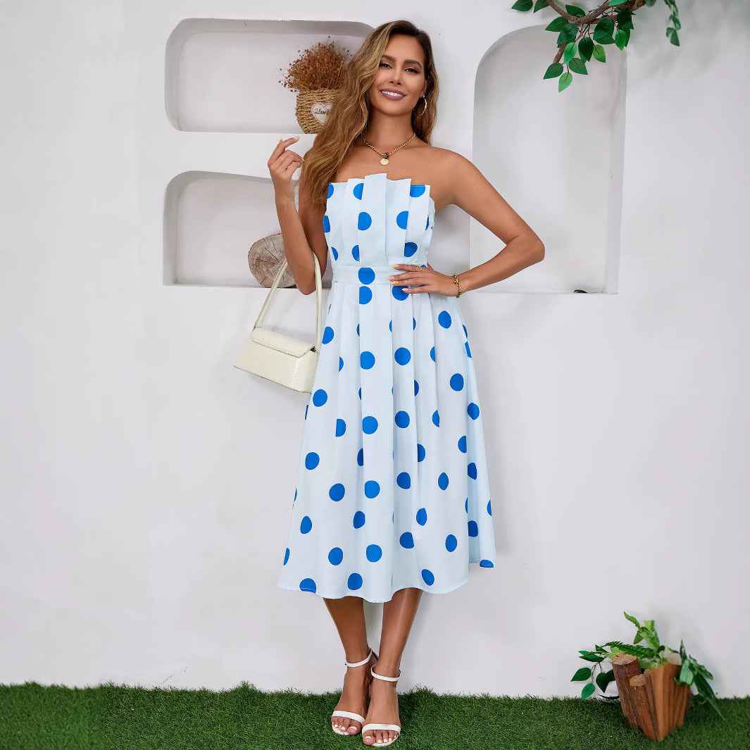 Polka Dot Midi Dress - Light Blue Strapless Tube Backless Pockets