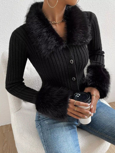 Faux Fur Trim Ribbed Knit Cropped Cardigan - Fashions Envy