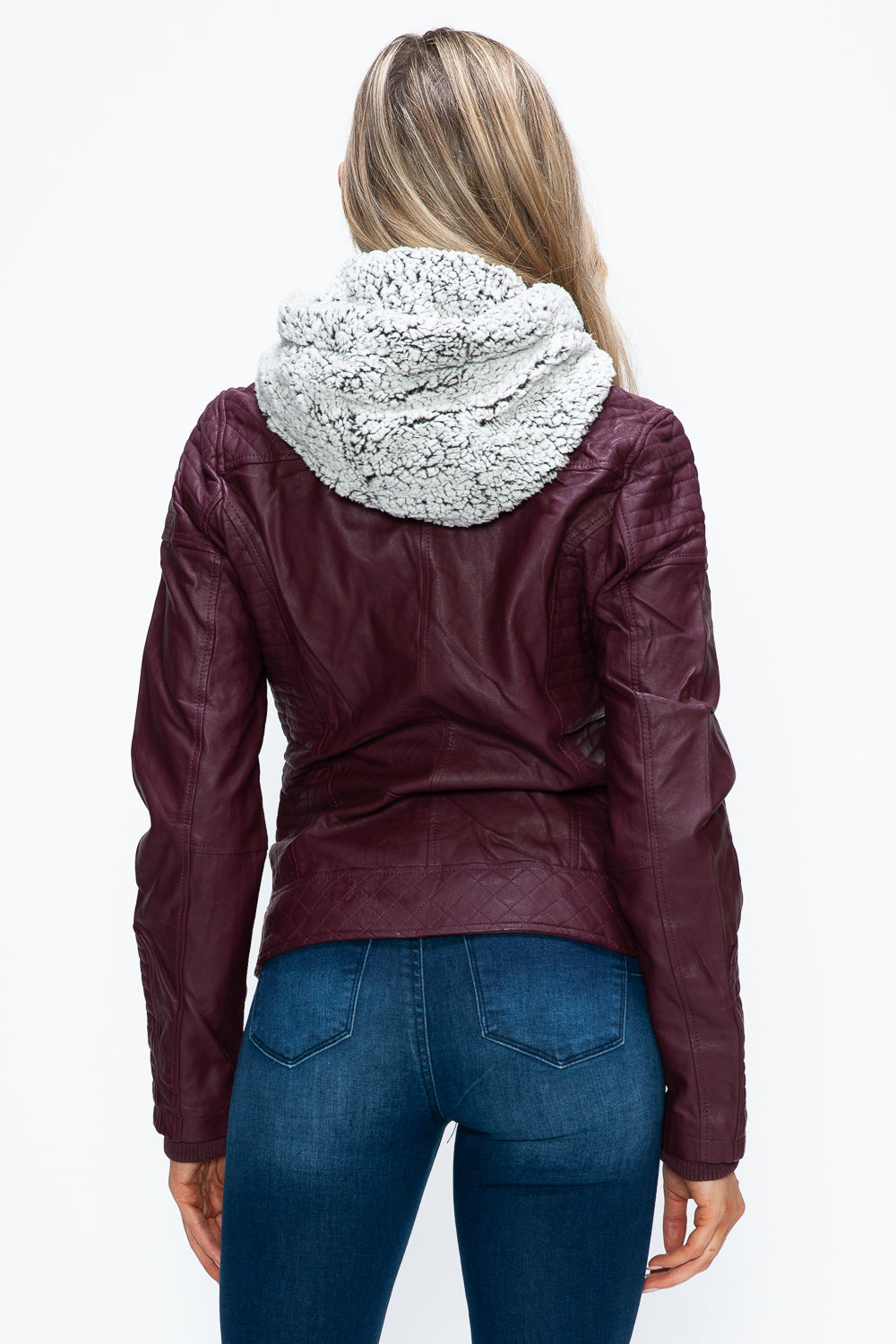 Wine Faux Layered Double-Zipper Jacket with Fuzzy Hood