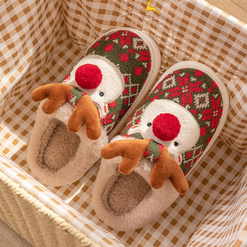 Christmas Reindeer Slippers - Cozy Plush Winter House Shoes