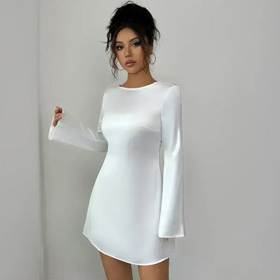 Backless Mini Dress - Flared Long Sleeve Party Dress - Fashions Envy