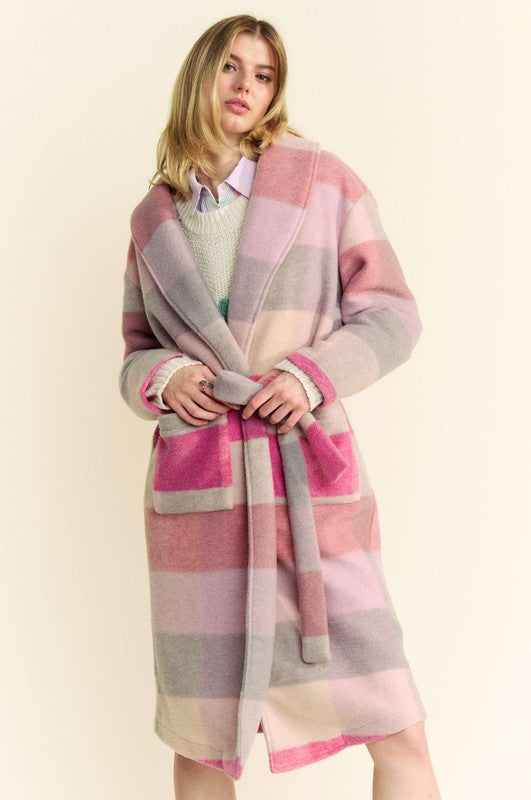 Hot Pink Multicolor Tied Color Block Collared Neck Coat