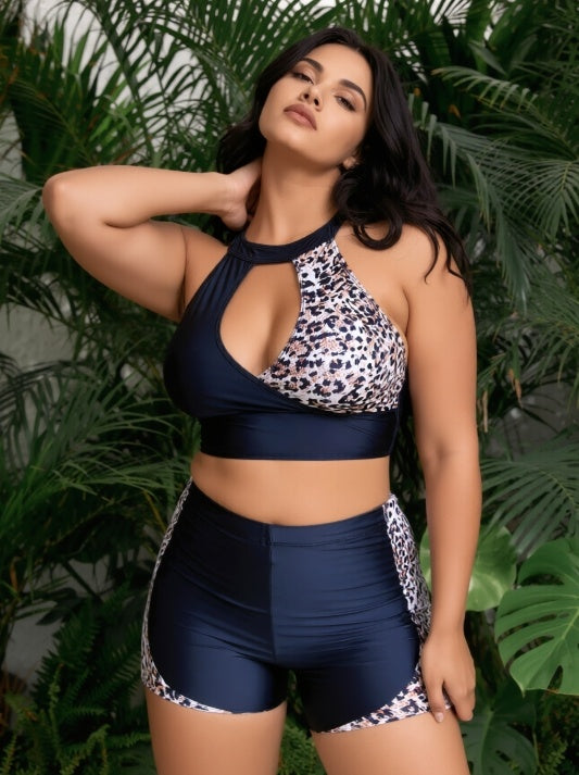 Plus Size Two-Piece Boy Shorts Swimsuit - Navy Leopard Panel