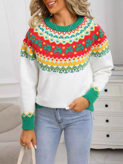 Clover Pattern Sweater - Long Sleeve Knitted Round Neck - Fashions Envy