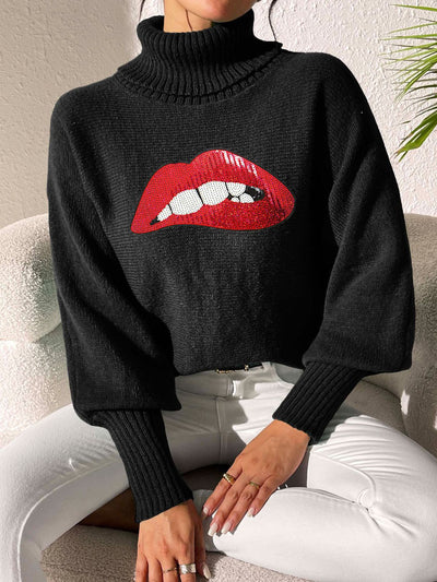 Lip Turtleneck Long Sleeve Sweater - Fashions Envy